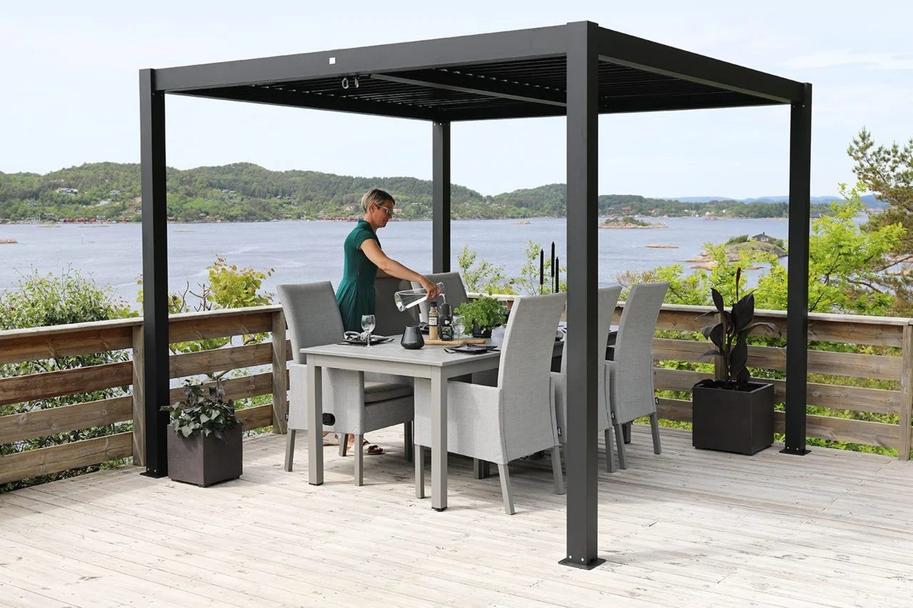Interior design, Outdoor furniture, Plant, Sky, Water, Table, Shade, Wood, Flowerpot, Leisure