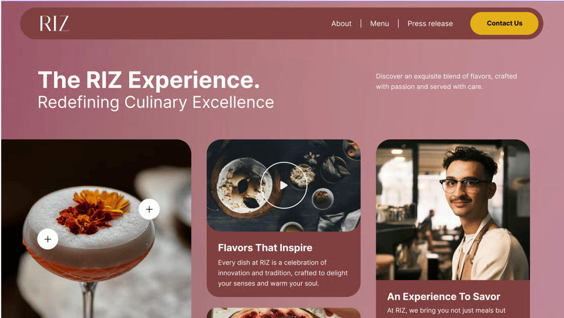 RIZ restaurant website homepage: 'The RIZ Experience' headline, food, cocktail, and a chef.