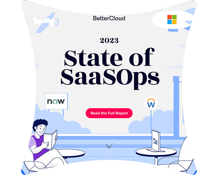 BetterCloud's 2023 State of SaaSOps report, with partner logos and a 'Read the Full Report' button.