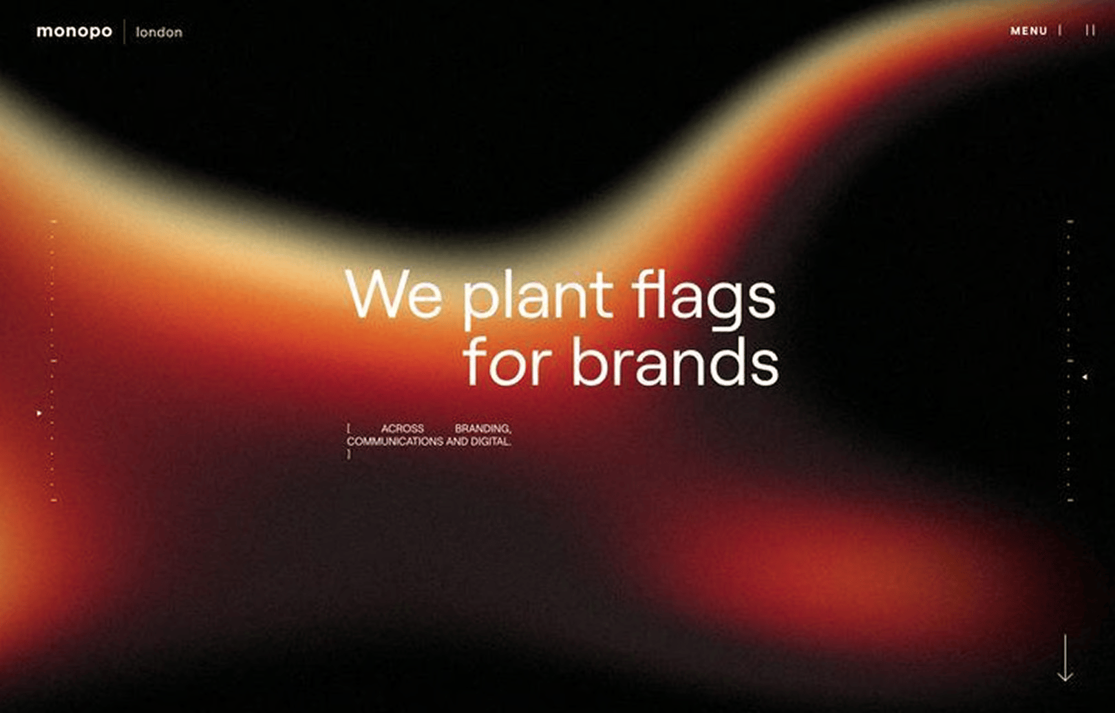 Monopo London website: "We plant flags for brands" on a dark, abstract orange-red background.