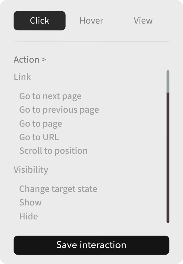 Interaction panel with 'Click' selected, showing options for linking pages/URLs and visibility actions.