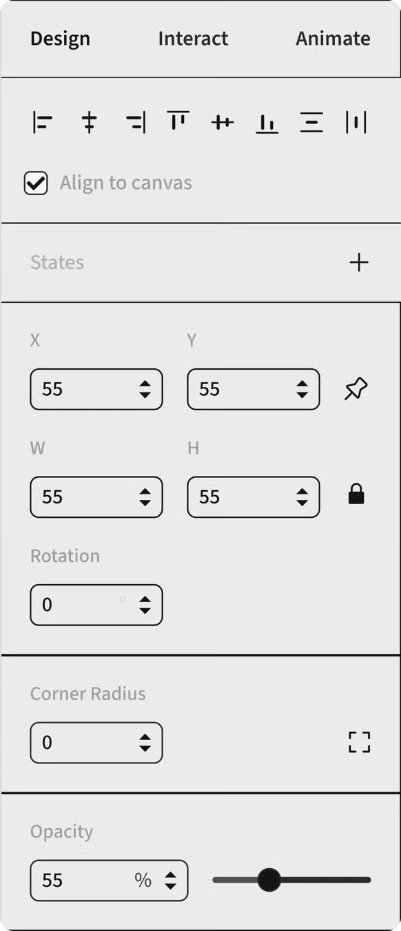Design panel with alignment, position, size, rotation, corner radius, and opacity controls.