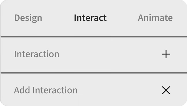 UI panel with active 'Interact' tab, showing 'Interaction +' and 'Add Interaction x' options.
