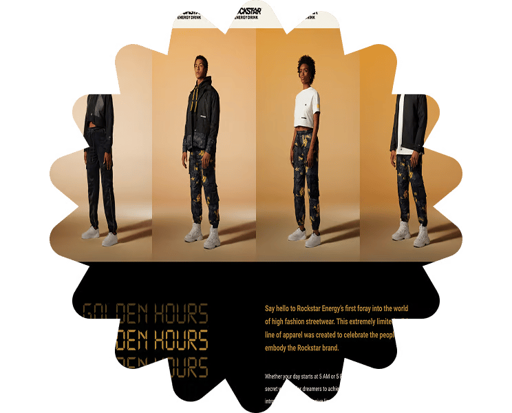 Rockstar Energy's "GOLDEN HOURS" streetwear line with models.