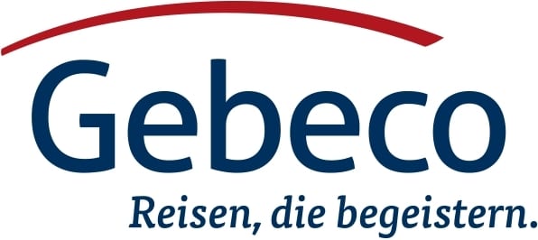 Gebeco logo with text "Gebeco" and slogan "Reisen, die begeistern.", featuring a red arch.