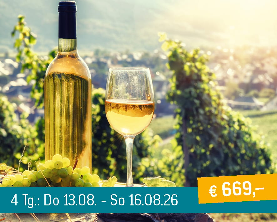White wine bottle, glass, and grapes in a sunny vineyard with a village background.