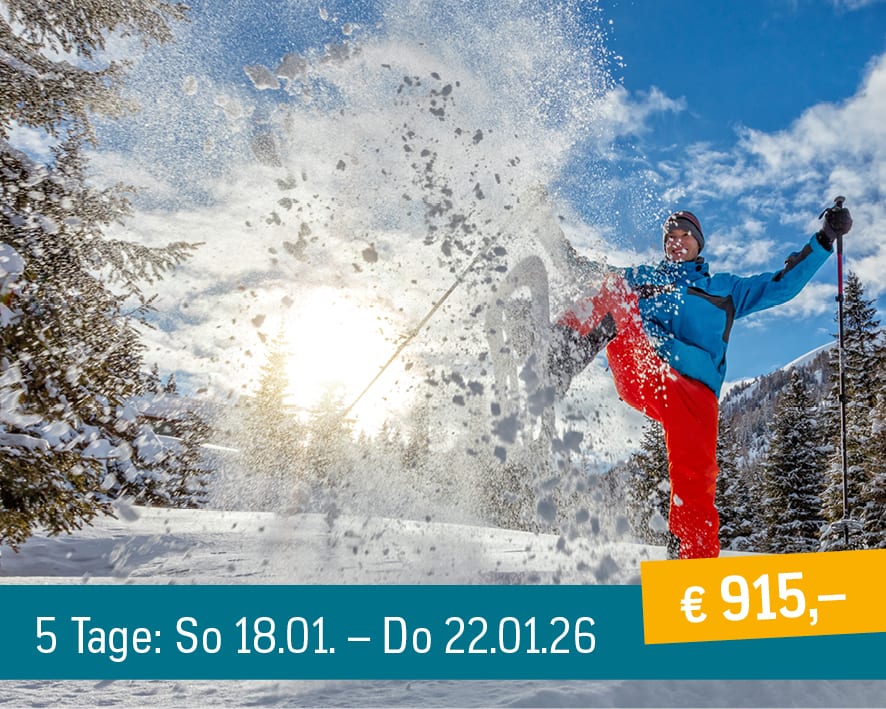 Person in winter gear kicking snow; ad for 5-day winter trip (Jan 18-22, 2026) for €915.