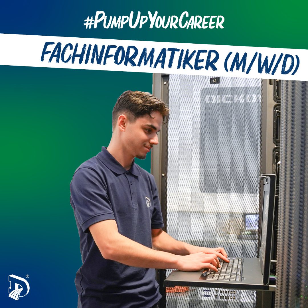 Man working on laptop in server room. Text: FACHINFORMATIKER (IT specialist) career ad.