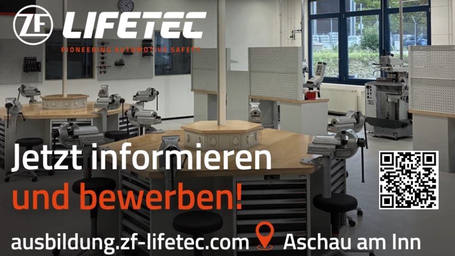 ZF LIFETEC workshop with German text: "Jetzt informieren und bewerben!", website, location, and QR code.