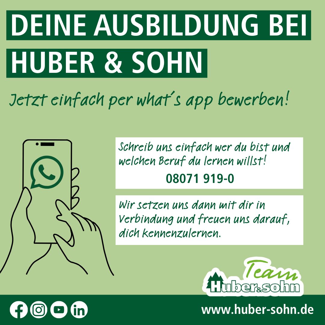 Huber & Sohn apprenticeship ad: Apply easily via WhatsApp, with phone number and website.