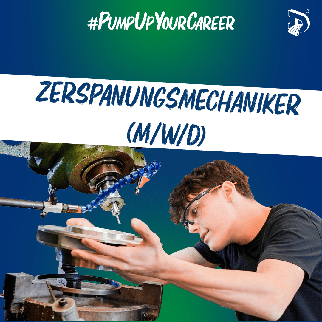 Young person in safety glasses operating a metalworking machine. Text: ZERSPANUNGSMECHANIKER.