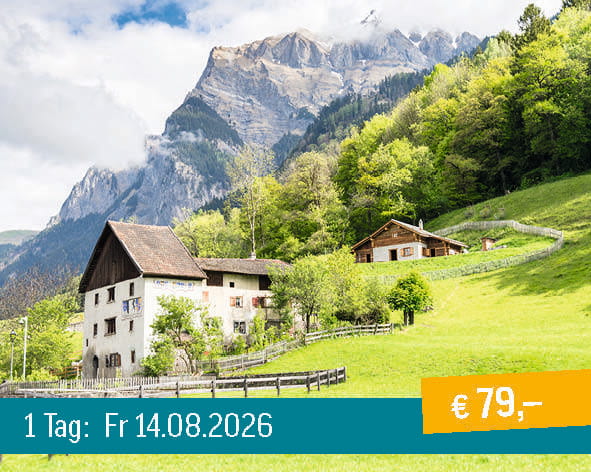 Two traditional houses nestled in a lush green mountain valley with majestic peaks under a cloudy sky.