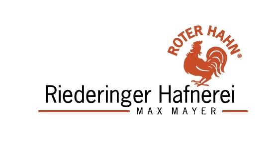 Logo with a red rooster and text "ROTER HAHN", "Riederinger Hafnerei", and "MAX MAYER".