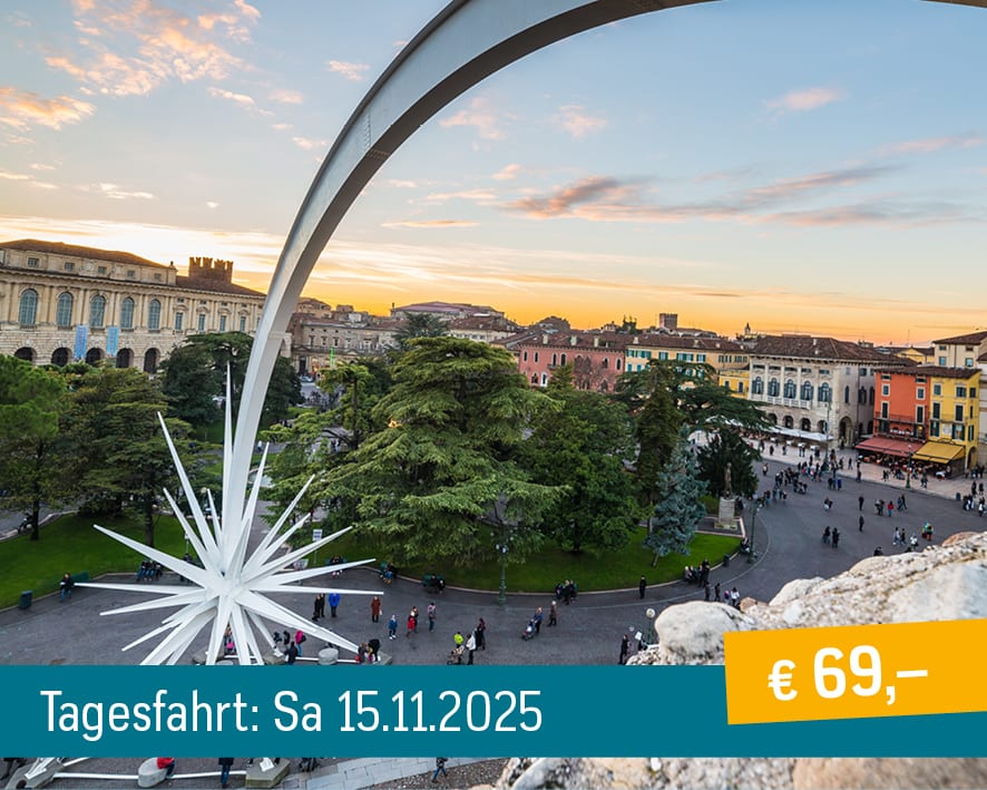 Panoramic view of Verona's Piazza Bra at sunset with the Arena Star sculpture and historic buildings.