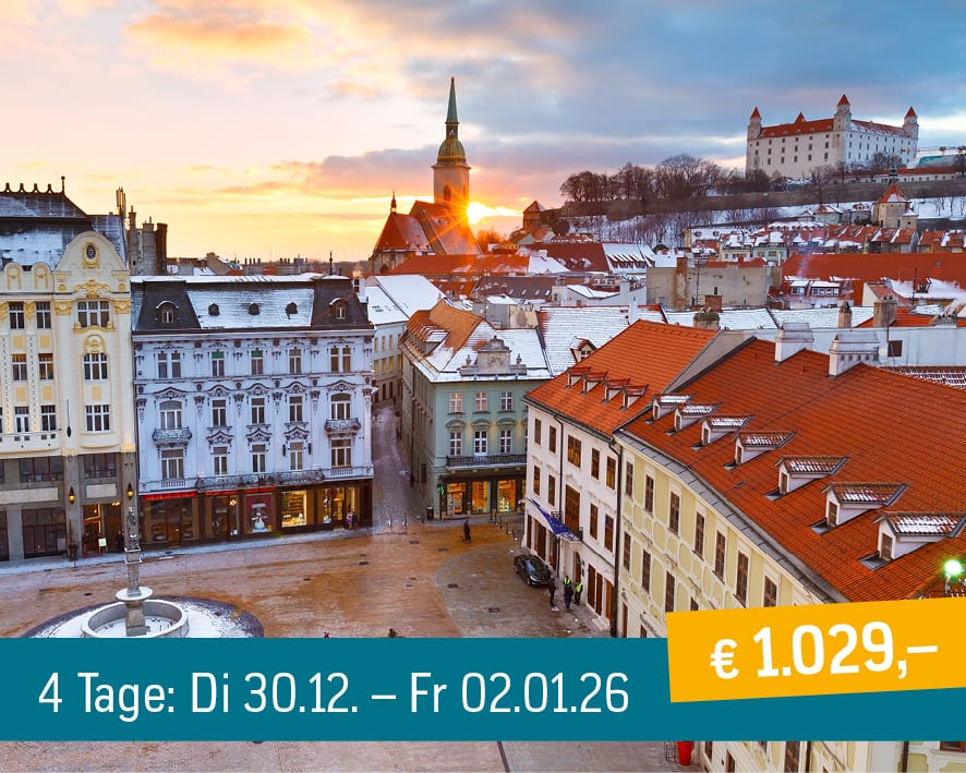 Bratislava winter cityscape at sunset with a church, castle, and travel offer details.