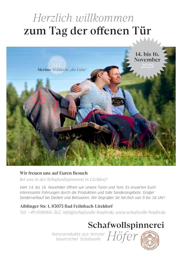 Advertisement for Schafwollspinnerei Höfer's Open Day, Nov 14-16, 2025, featuring a couple.