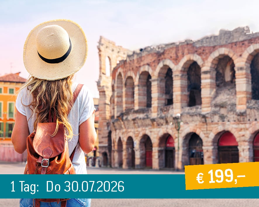 Woman with straw hat and backpack views the ancient Verona Arena under a bright sky.