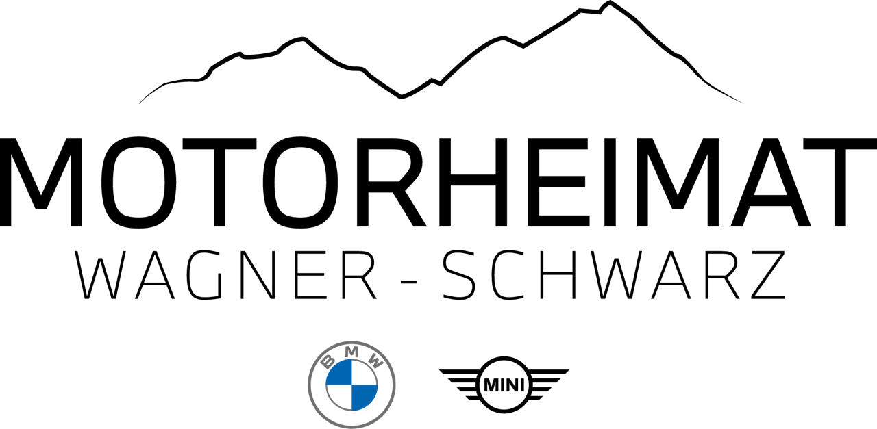 Logo for MOTORHEIMAT Wagner-Schwarz, featuring mountain outlines, BMW, and Mini emblems.
