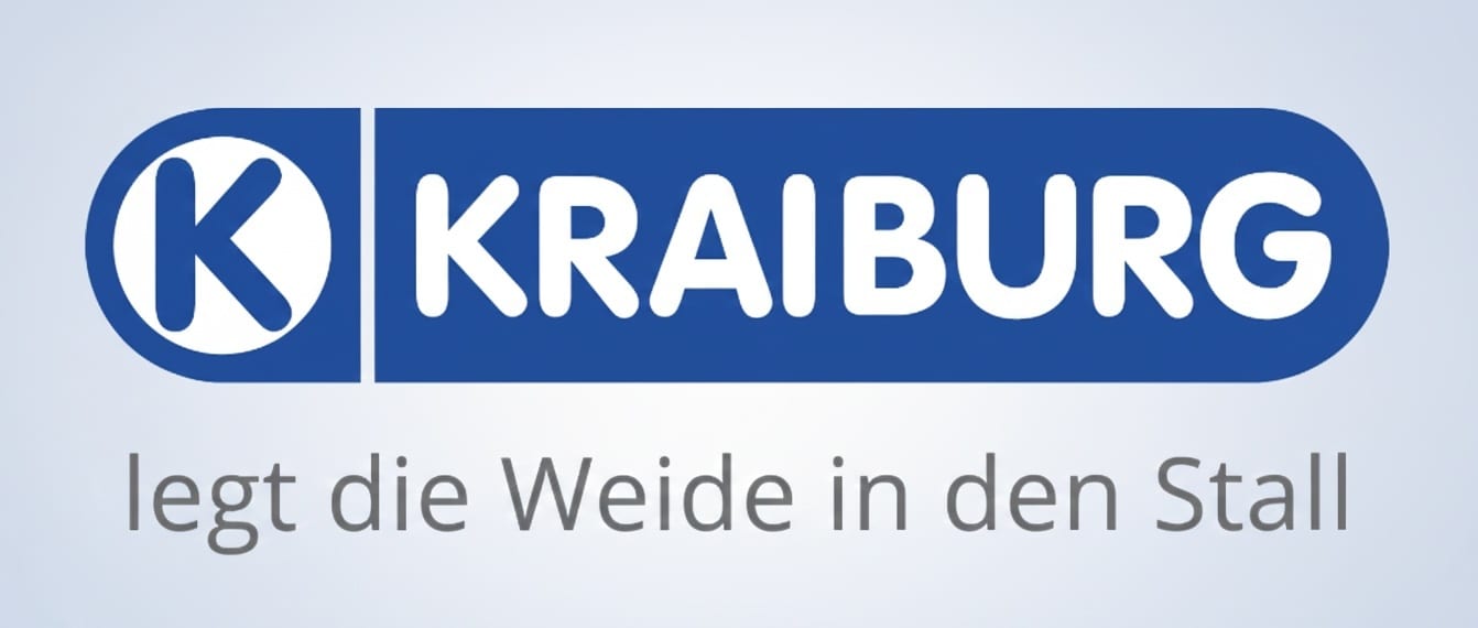 Blue KRAIBURG logo with 'K' in a circle, and text 'legt die Weide in den Stall'.