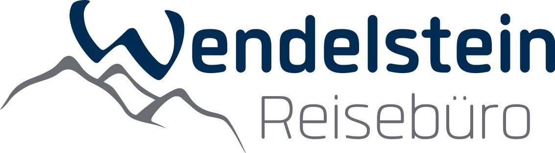 Wendelstein Reisebüro logo with blue text and grey stylized mountains integrated into the letter W.