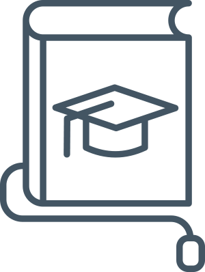 Icon: book with a graduation cap and computer mouse, symbolizing online education.