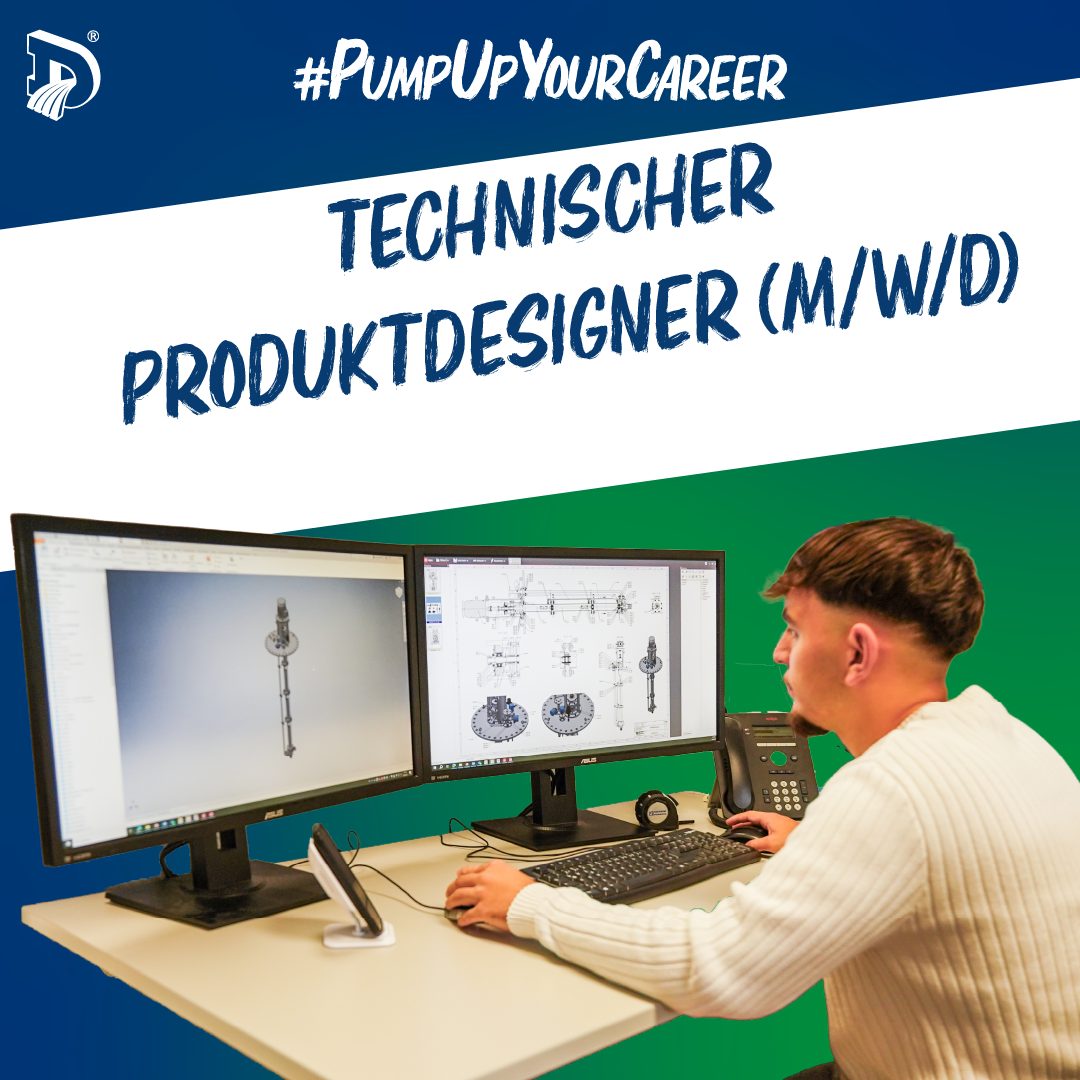 Man working on CAD designs across two monitors. Text: "TECHNISCHER PRODUKTDESIGNER (M/W/D)".