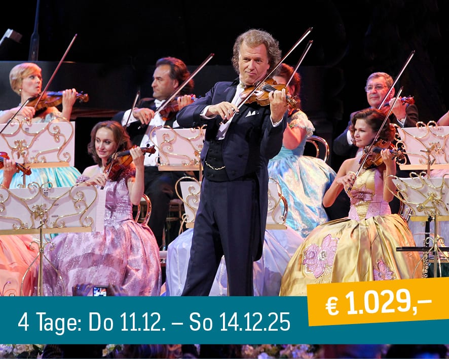 André Rieu playing violin with his orchestra. Ad: 4 days, Dec 11-14, 2025, €1,029.