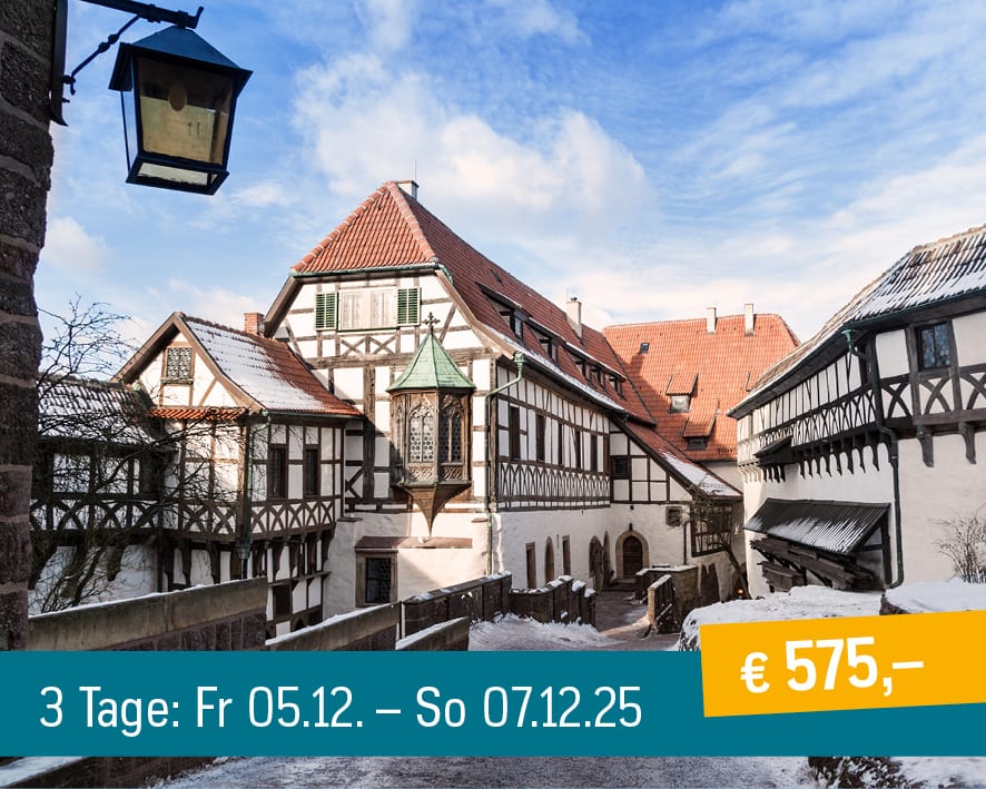 Snowy half-timbered buildings. Overlaid text: 3-day offer, dates, and price €575.
