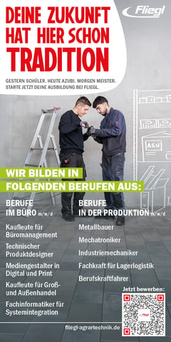 Fliegl recruitment poster with two apprentices, office and production job listings, and QR code.
