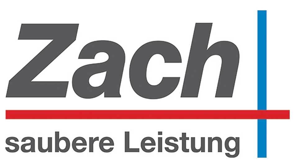 Dark gray "Zach" logo with a red horizontal line, a blue vertical line, and "saubere Leistung" below.