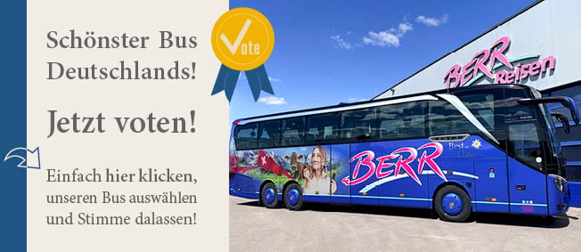 Blue BERR Reisen tour bus advertised for 'Most beautiful bus in Germany' vote with call to action.