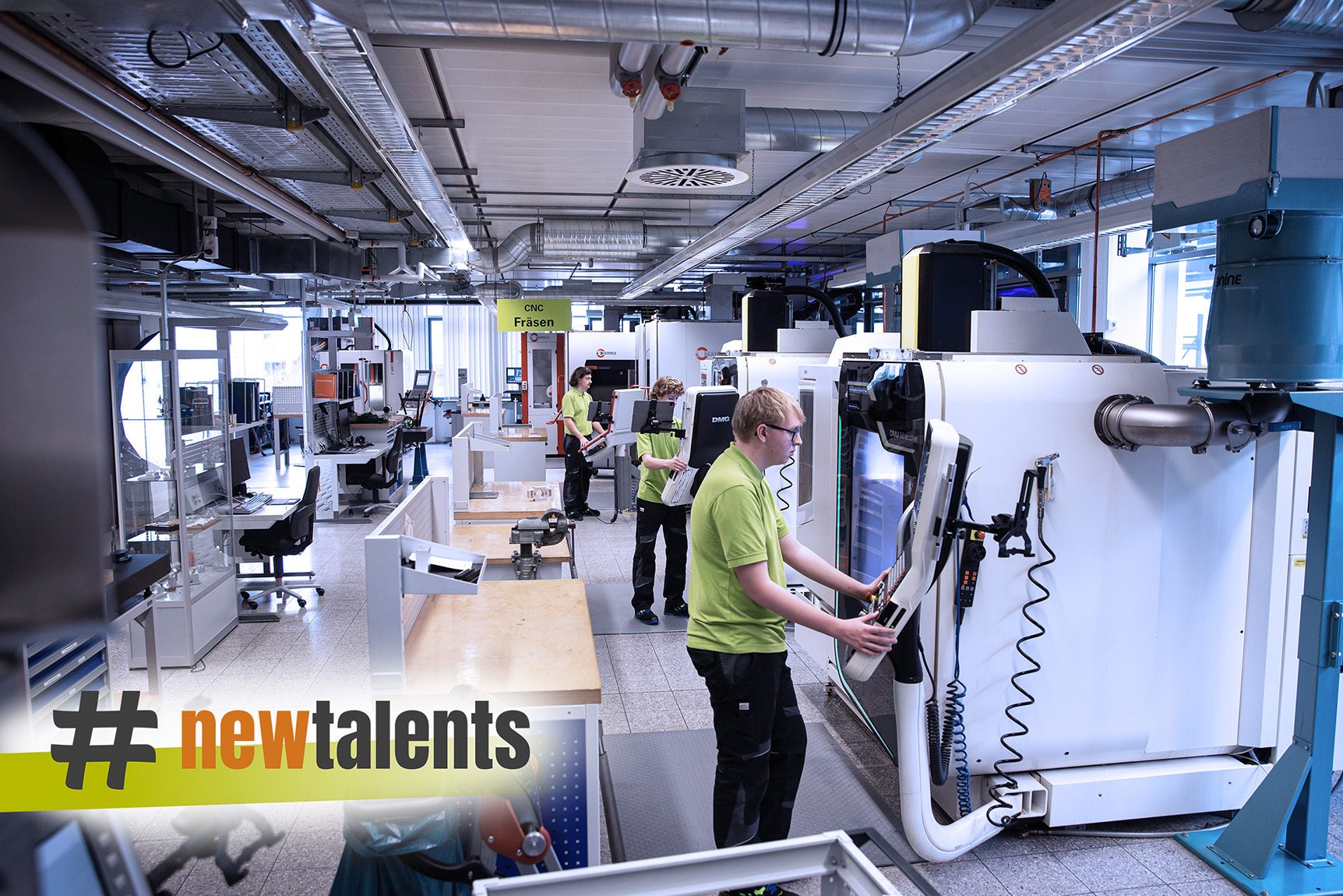 Young people learning CNC milling in a modern workshop, with a #newtalents logo.