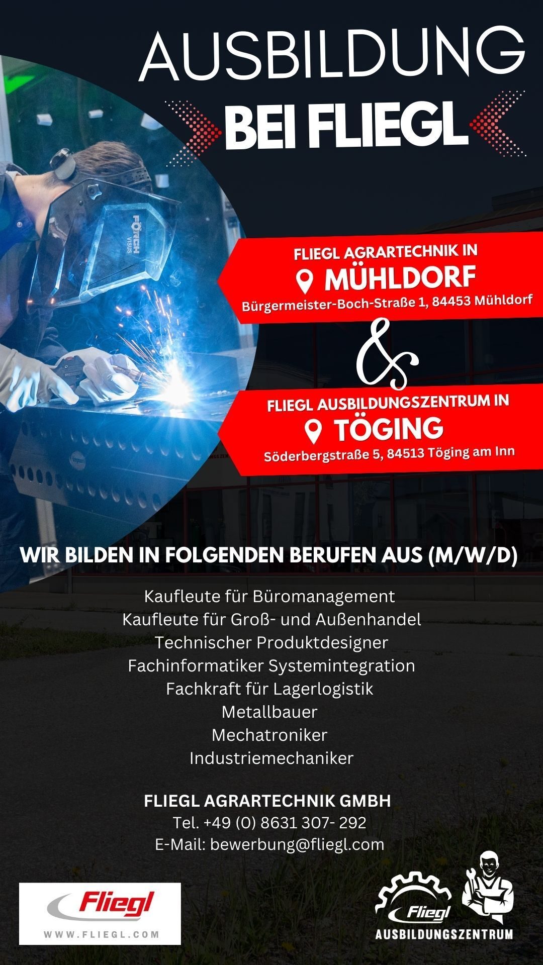 Fliegl apprenticeship ad: welder, locations Mühldorf/Töging, various professions listed.