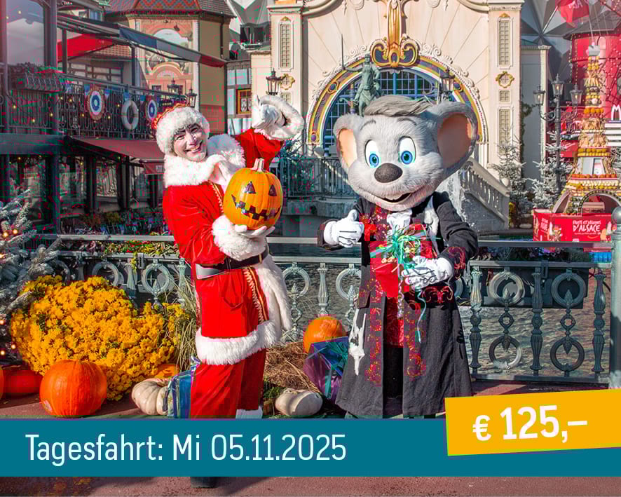 Santa with a Halloween pumpkin and a mouse mascot with a gift, date 05.11.2025, price €125.