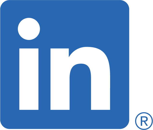 LinkedIn logo: Blue rounded square with green "in" and registered trademark symbol.