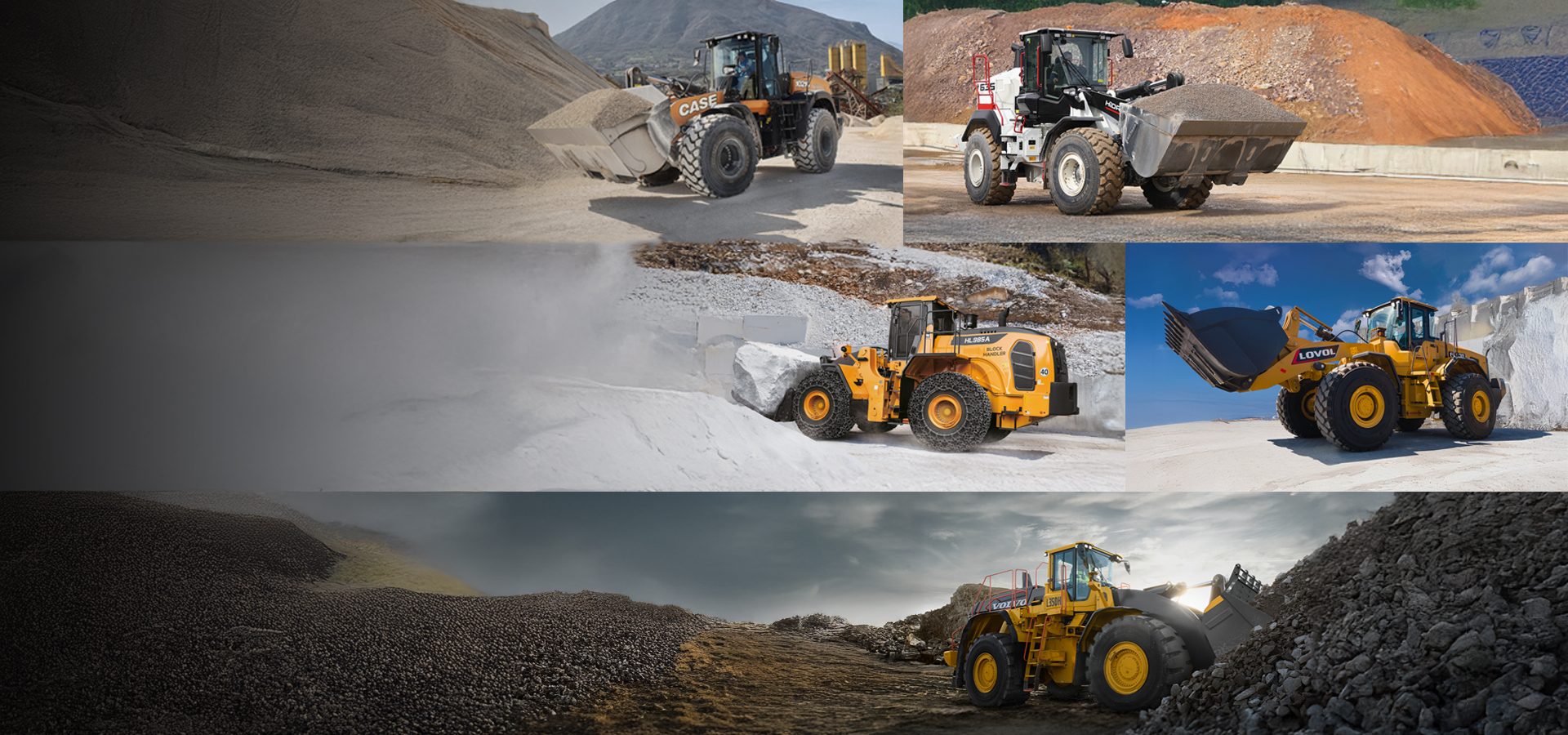 A collage of multiple heavy-duty wheel loaders (CASE, HIDROMEK, LOVOL, Hyundai, Volvo) operating in industrial settings, moving sand and rocks.