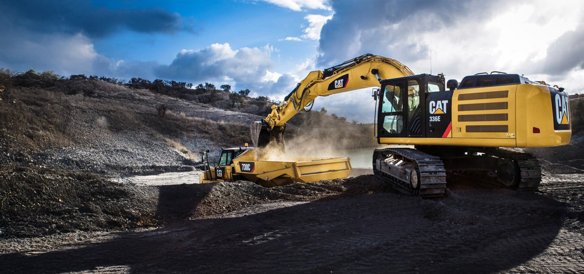 Yellow CAT excavator loading dirt into a dump truck at a construction site.