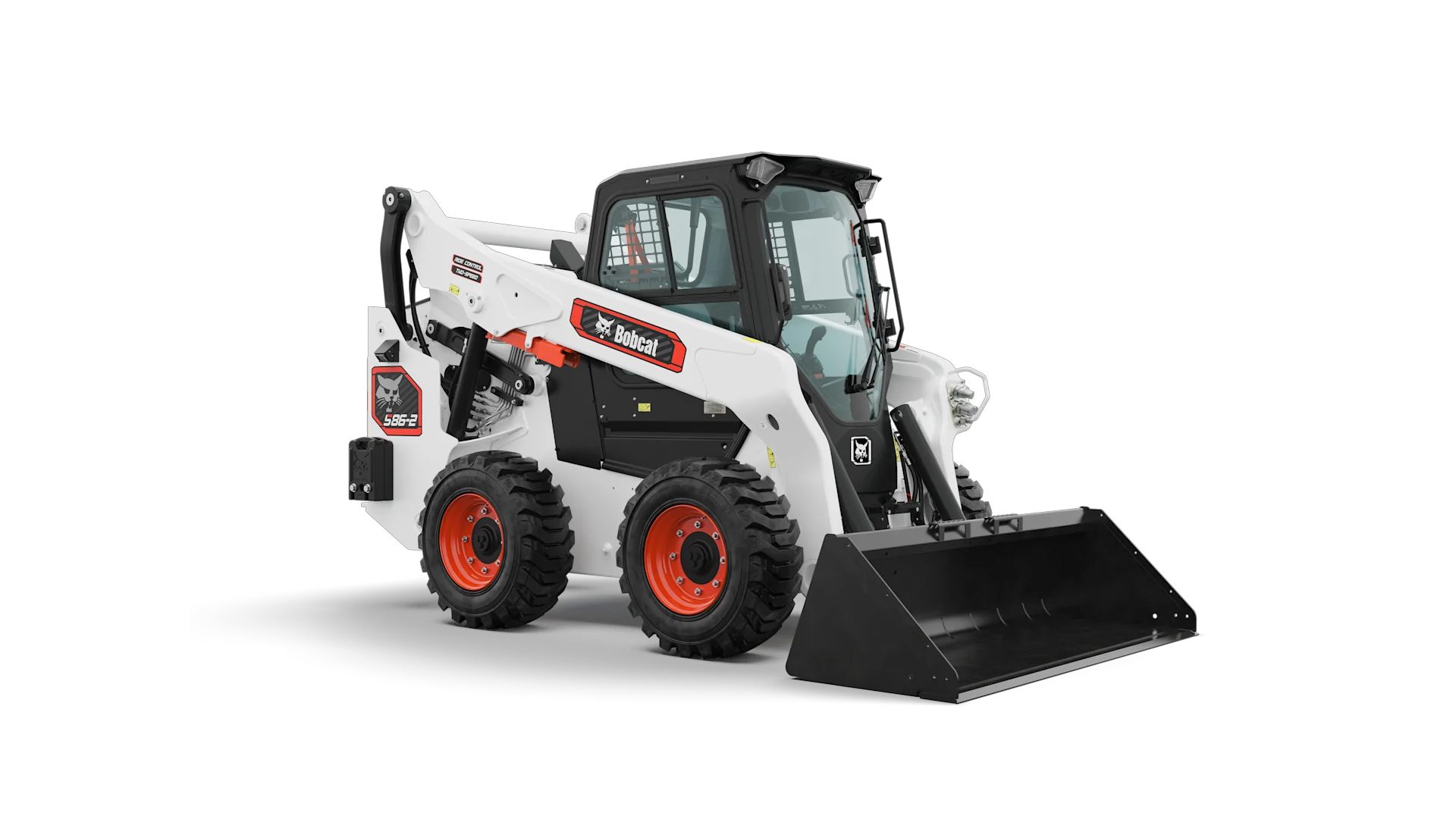 A white Bobcat S85-2 skid-steer loader with a front bucket attachment on a white background.