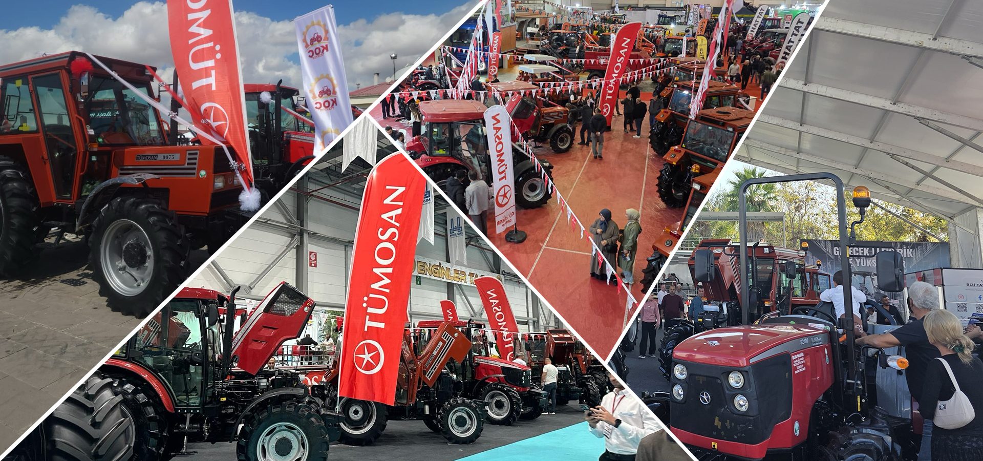 Collage of red and orange Tümosan tractors and people at an agricultural exhibition.