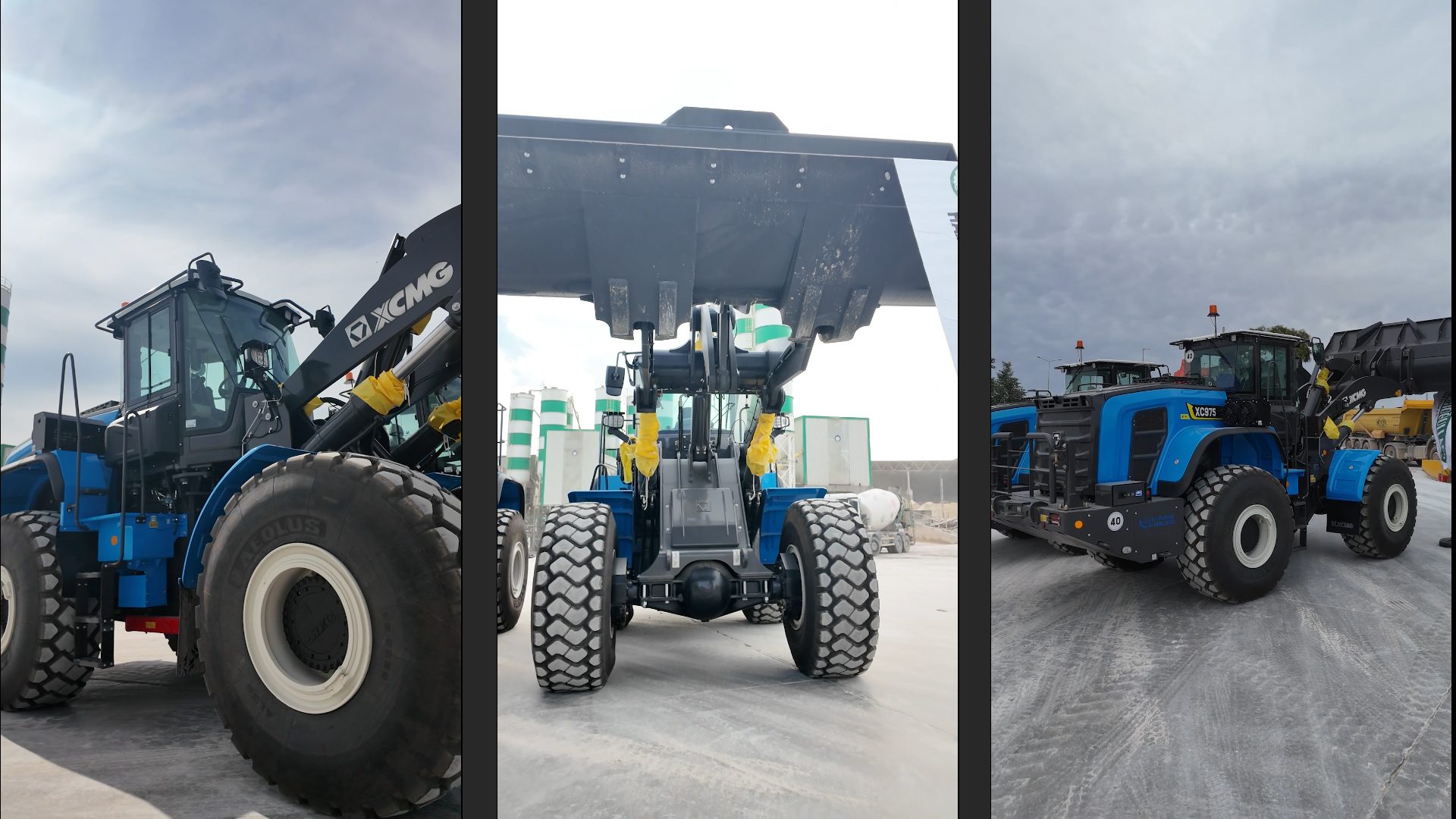 Three views of a large blue XCMG wheel loader in an industrial setting.