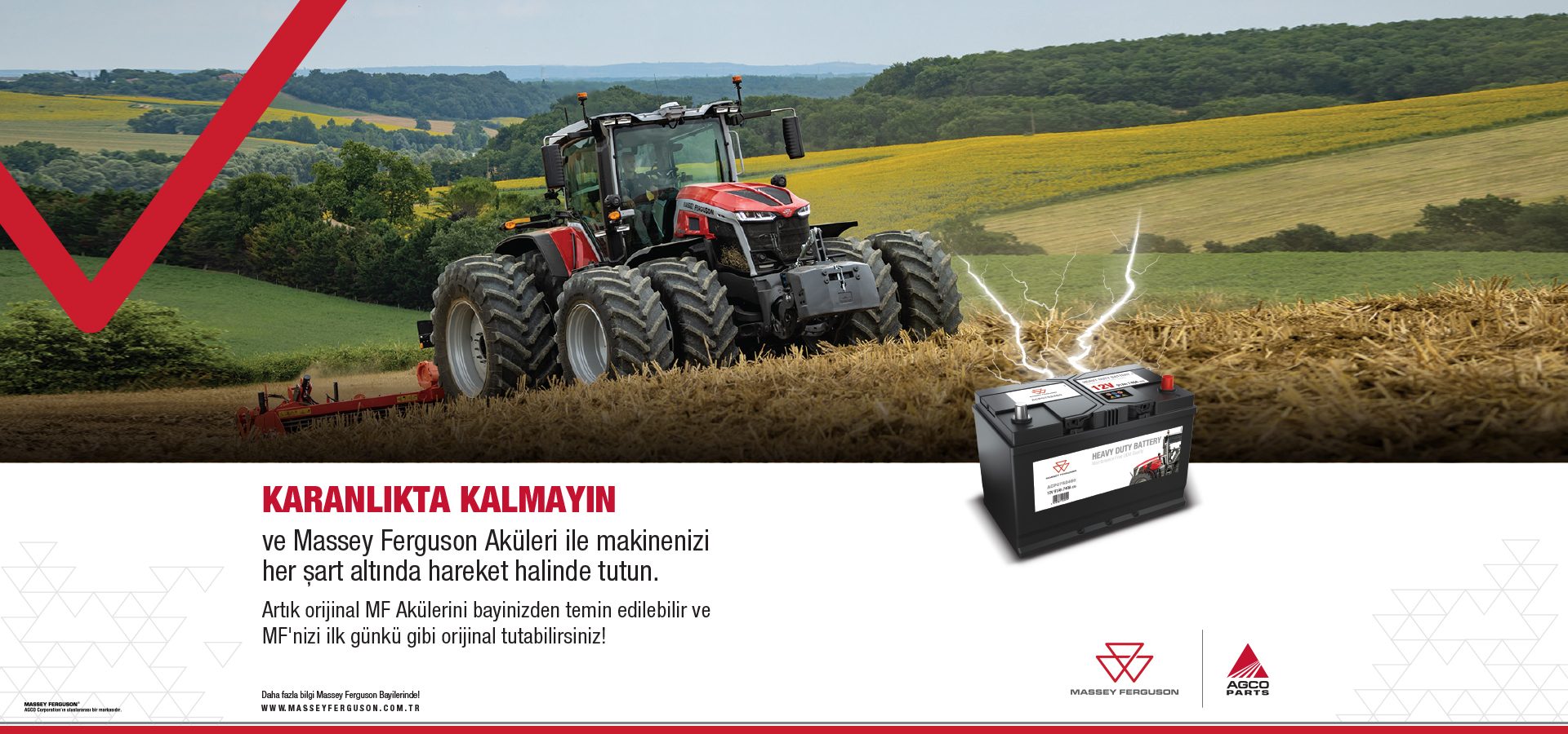 Massey Ferguson tractor in a field with an MF Heavy Duty Battery emphasizing power.