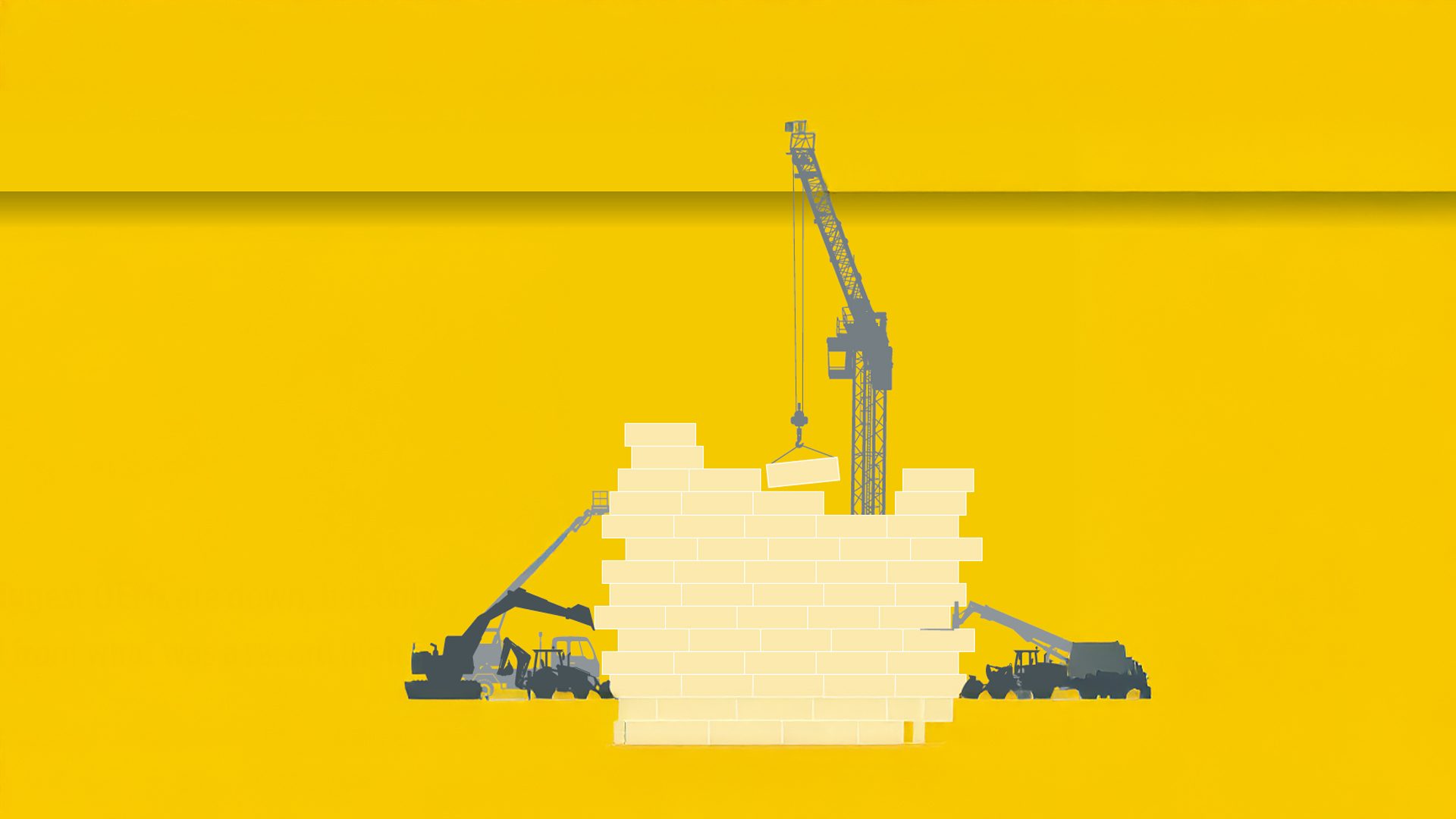 Construction of yellow blocks by a crane and excavators.
