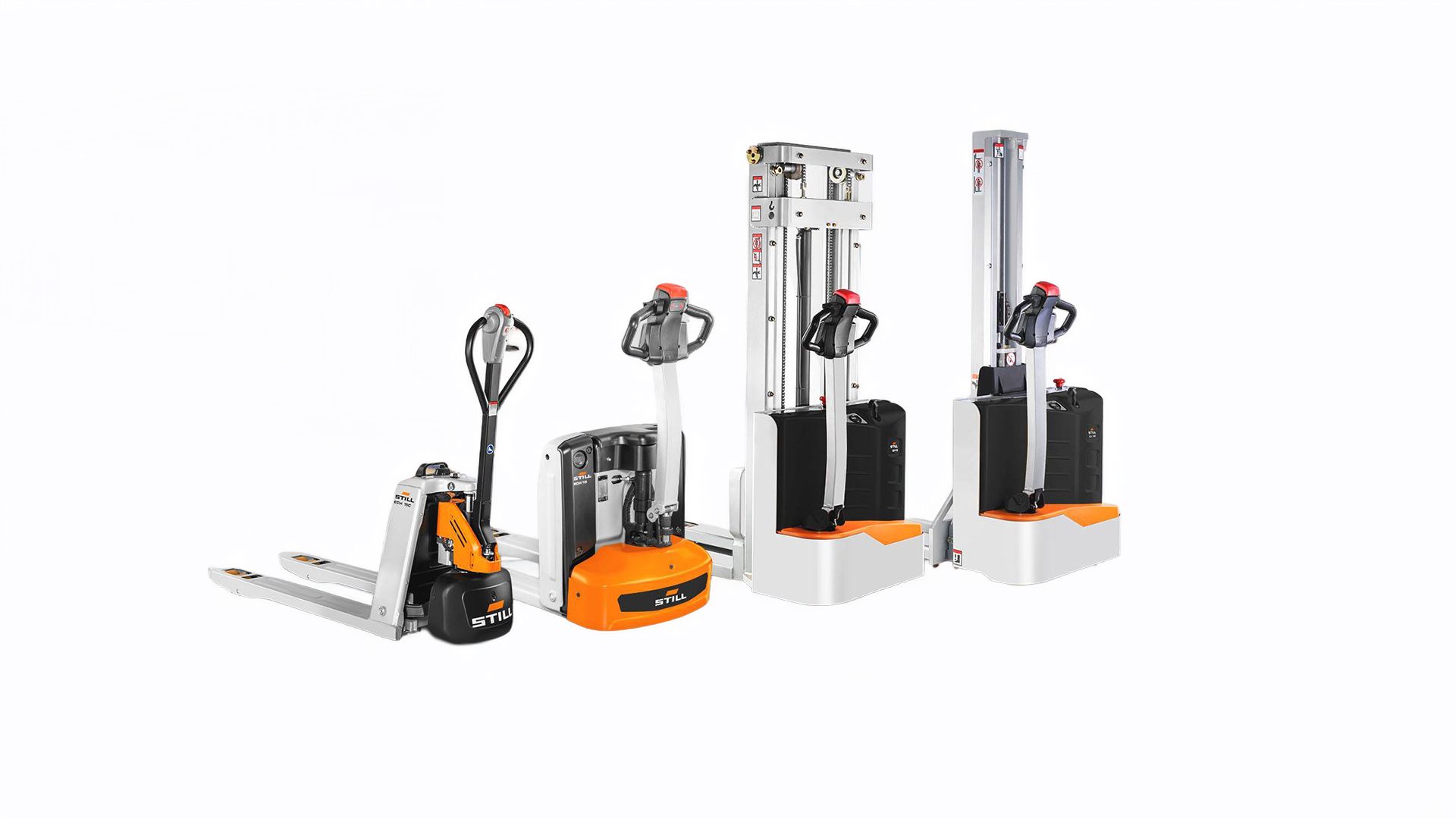 Four STILL pallet trucks and stackers of increasing size.