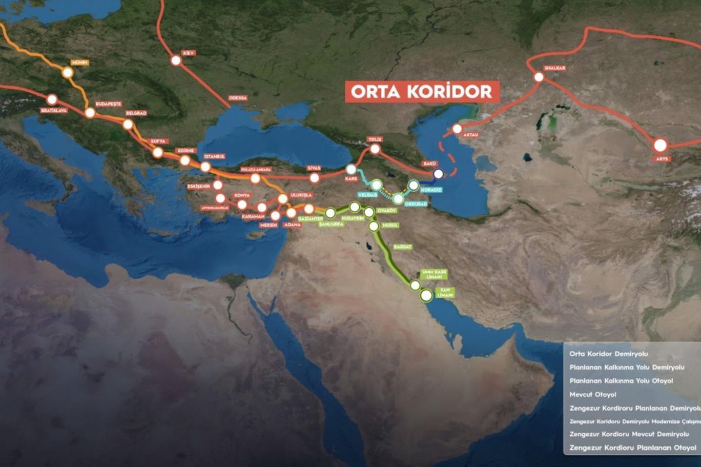 Satellite map showing the Orta Koridor (Middle Corridor) railway and highway networks across Eurasia.