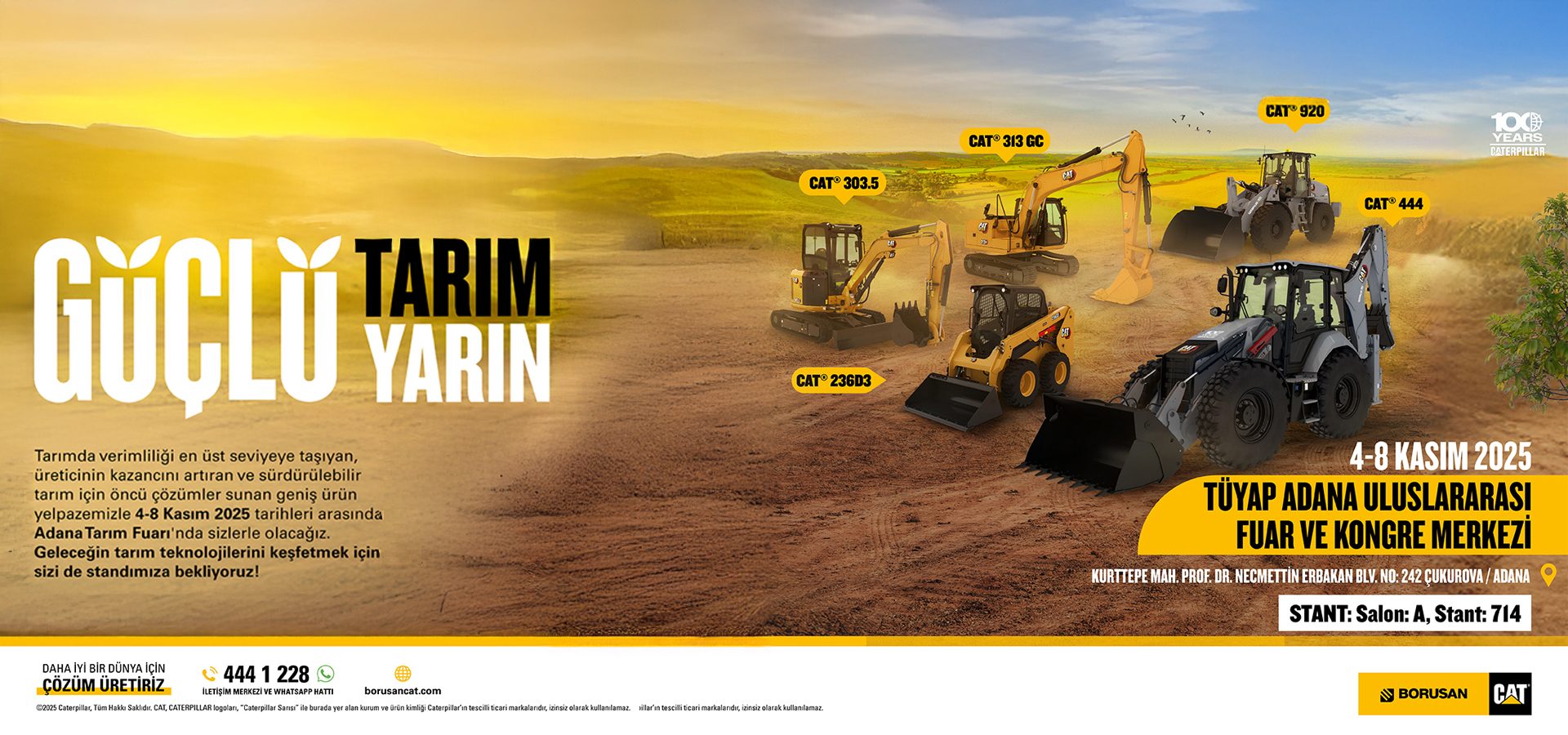 Caterpillar machinery at Tüyap Adana Fair 2025, promoting strong agriculture.
