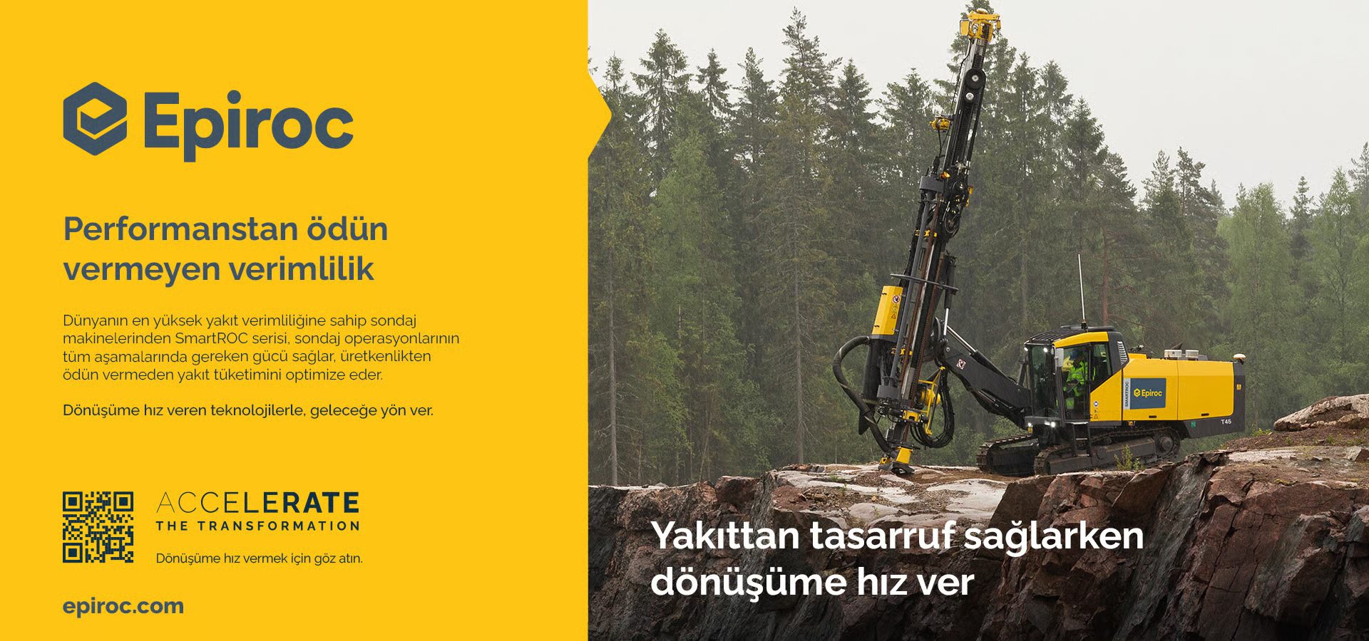 Epiroc drilling rig on rocky terrain with text promoting fuel-efficient performance and transformation.