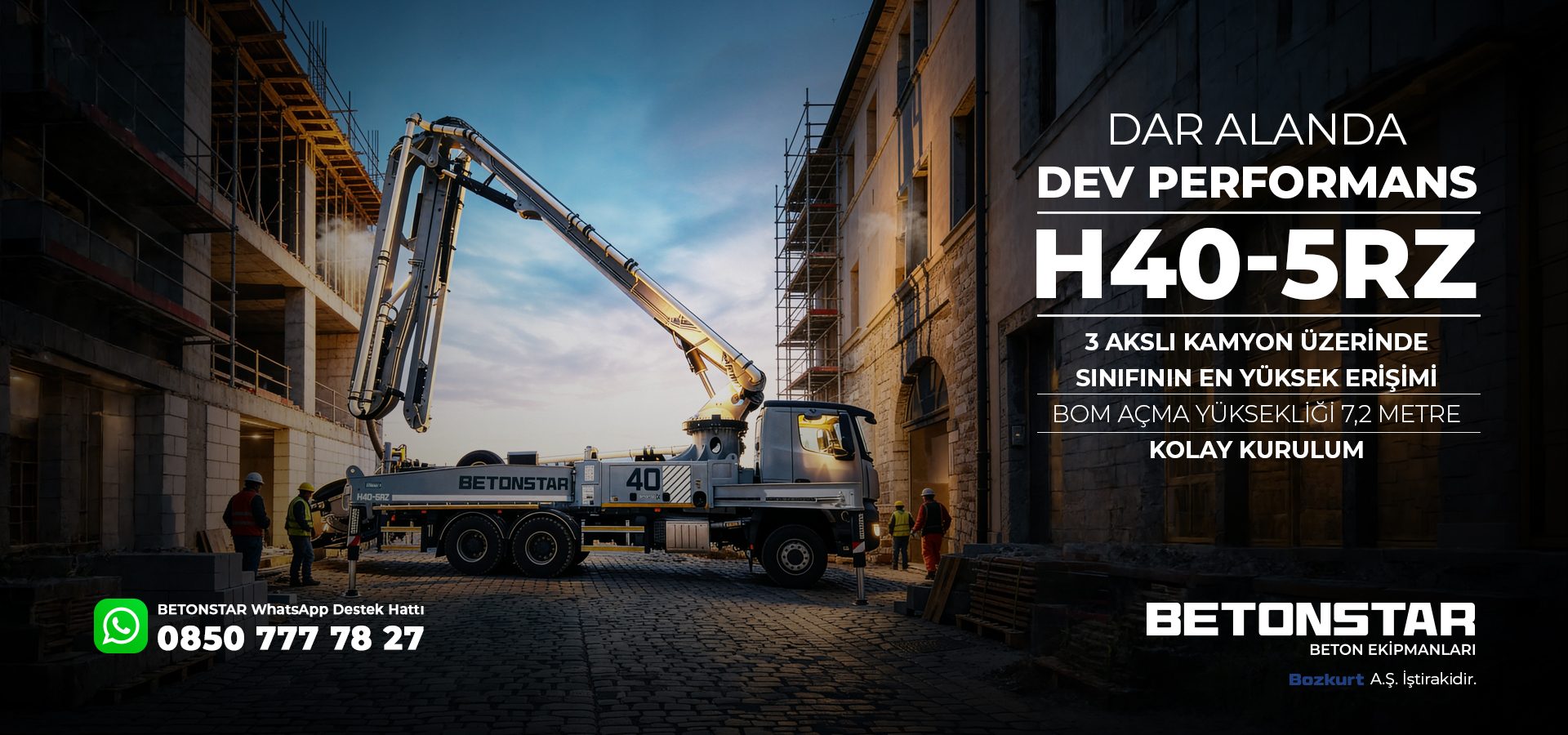 Concrete pump truck (Betonstar H40-5RZ) with an extended boom at a construction site.