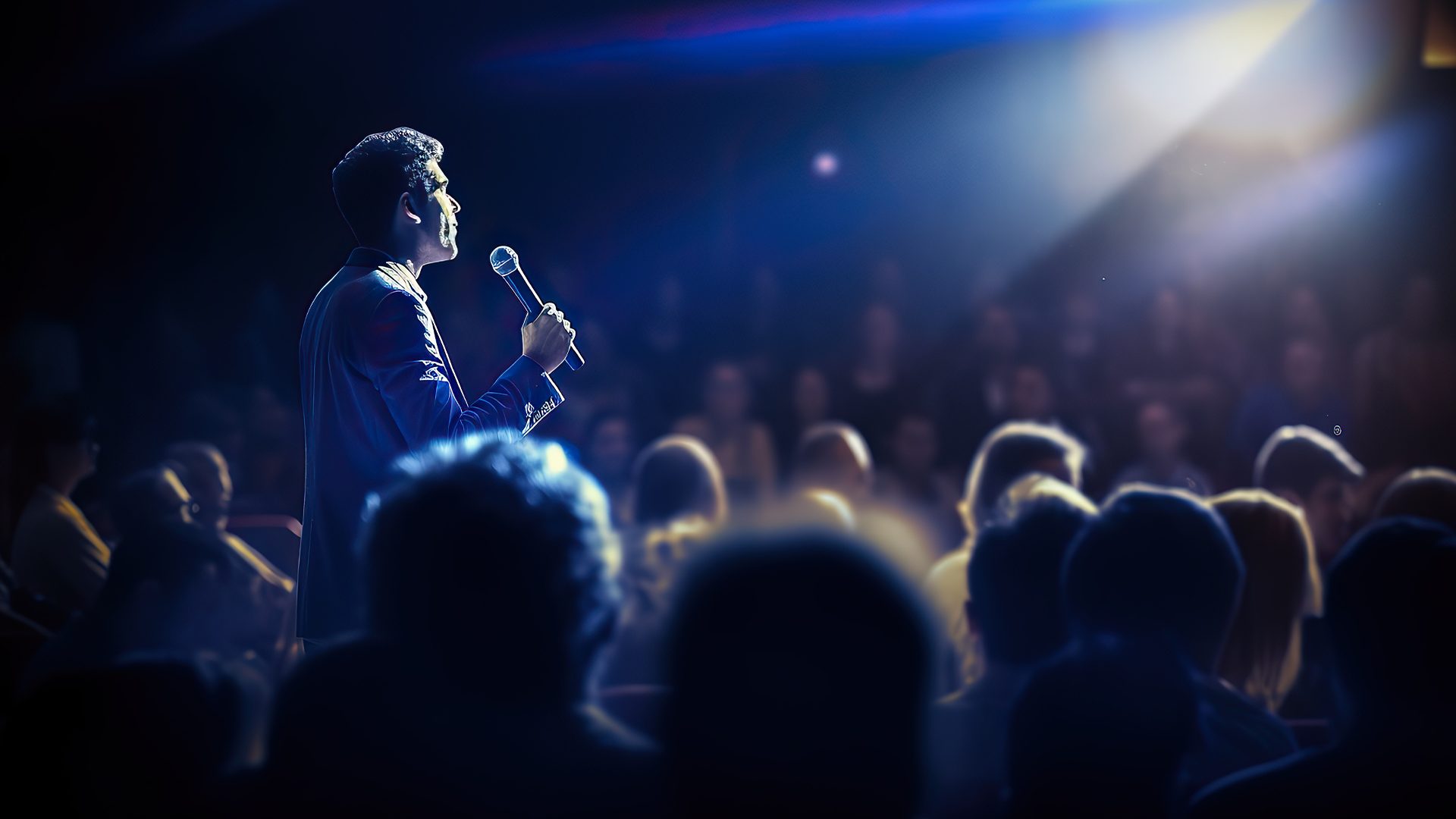 A man delivers a speech on stage, illuminated by a spotlight, addressing a blurred audience.