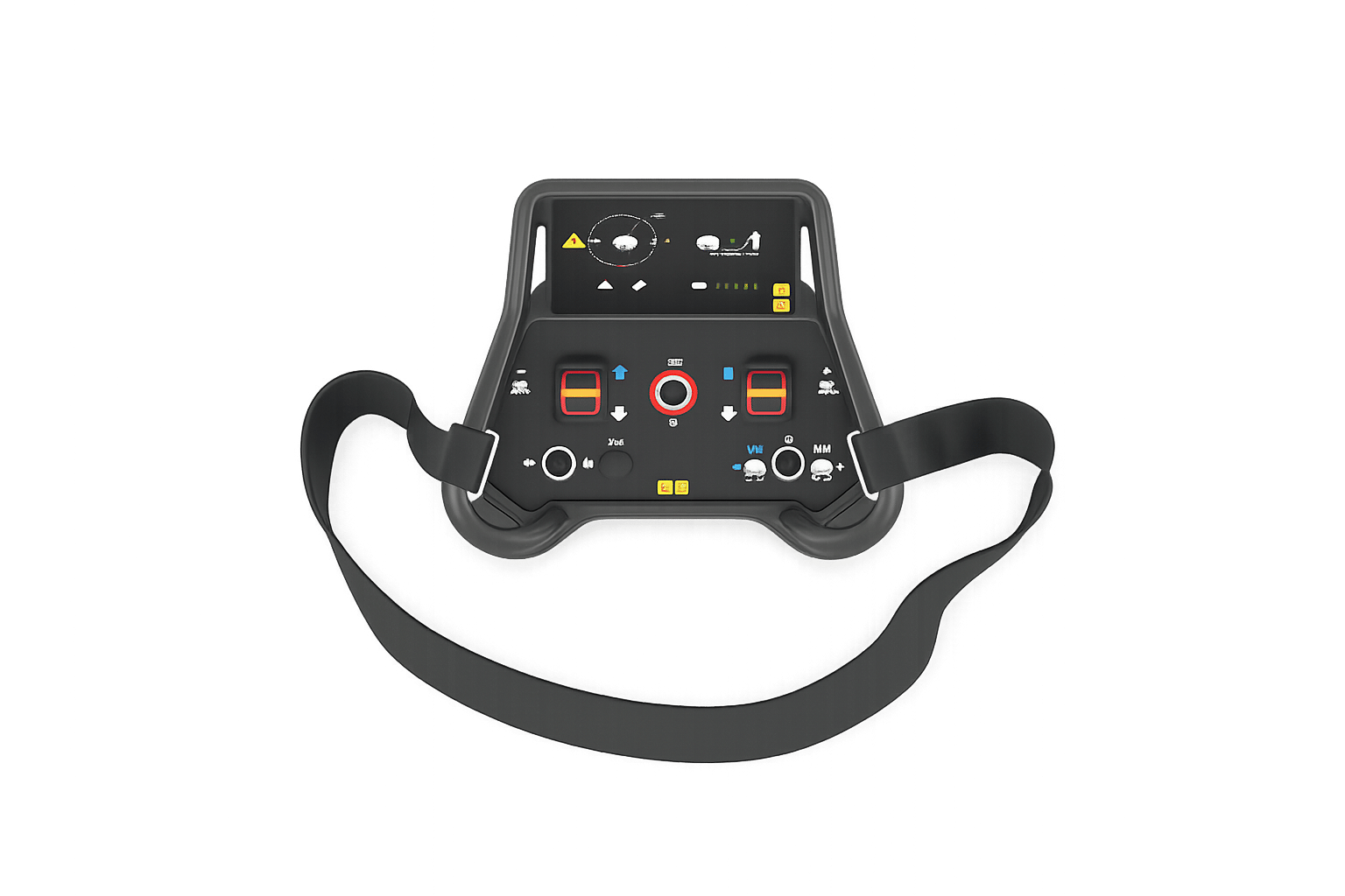 Industrial remote control with a display screen, various buttons, and a strap.