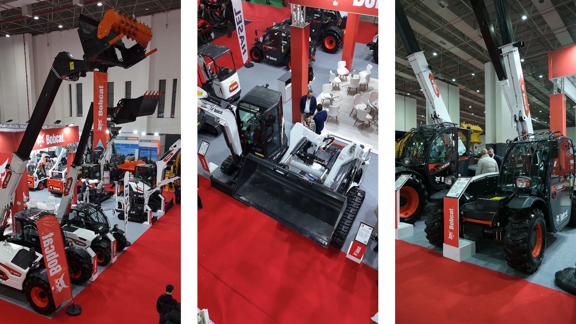 Bobcat construction machinery, including telehandlers and excavators, displayed at a trade show.